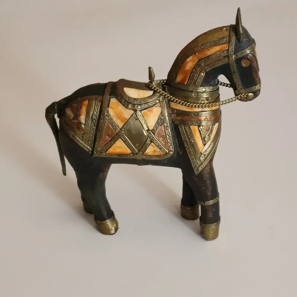 Vintage Carved Wood with Hammered Brass & Stone Inlay Armored War Horse Figure